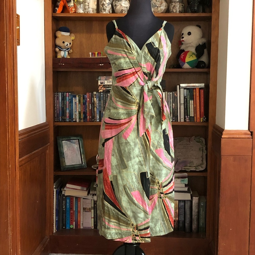 Jason Wu Linen Blend Surplice Faux Wrap Tie Front Midi Dress